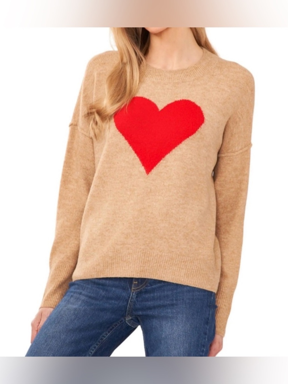 Vince Camuto Camel Sweater with Red Heart Motif